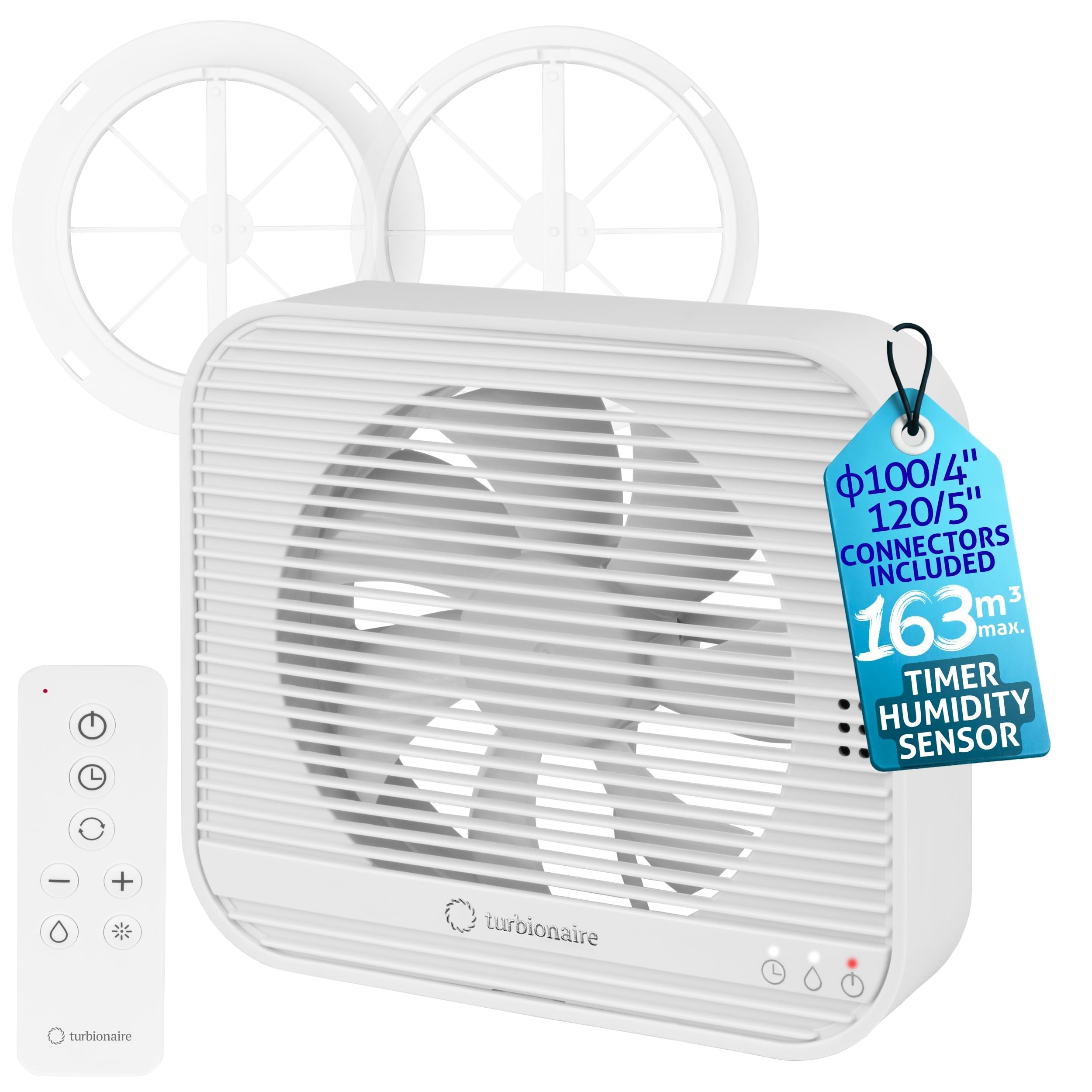 Turbionaire Axio 1012 HTR Aspiratore Bagno, 100/120 mm, Multifunzionale, Con Sensore di Umidità e Timer, Telecomando, 8 Velocità, Attacchi e valvola di non ritorno da 100 mm e 120 mm inclusi, 9.2W