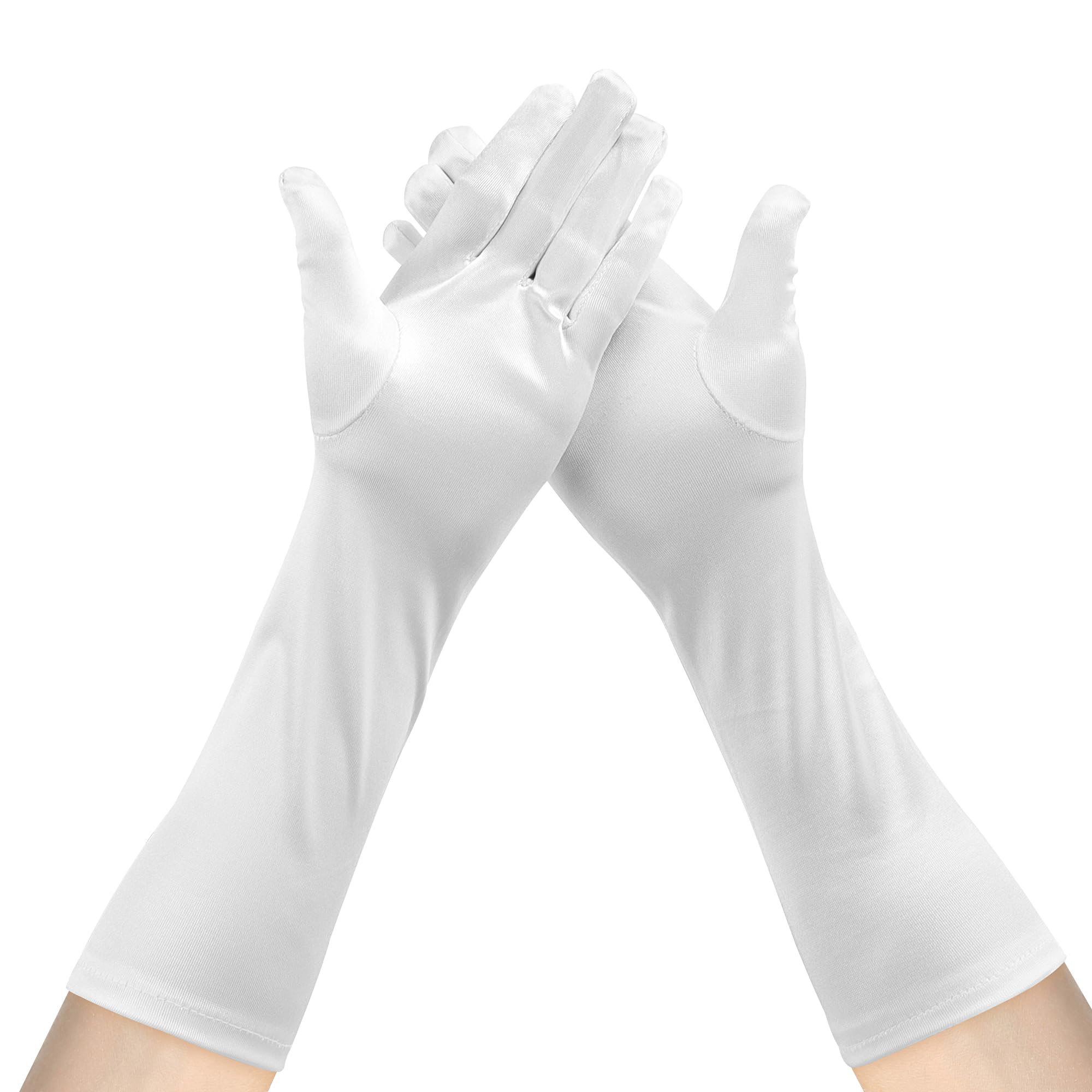 Junart Women's White-1Pair Long Satin Gloves 15.3" Forearm Length Gloves Soft And Breathable Gloves For Opera Wedding Party Cosplay Dance Halloween(White)