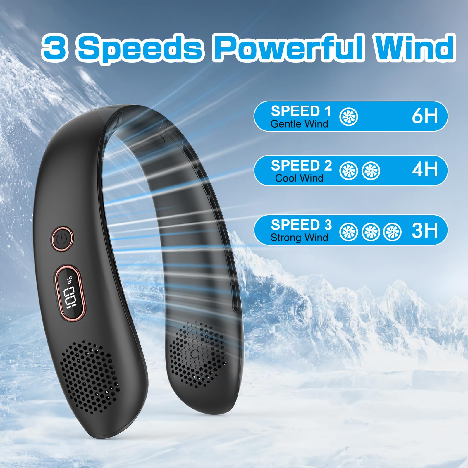 Ventilatore Collo Portatile, Silenziosi Portable Ventilatore, Flusso d'Aria a 360° con USB Ricaricabile, 3 Velocità Ventolino Senza Lama per Ufficio, Viaggi, Casa, Aria Aperta