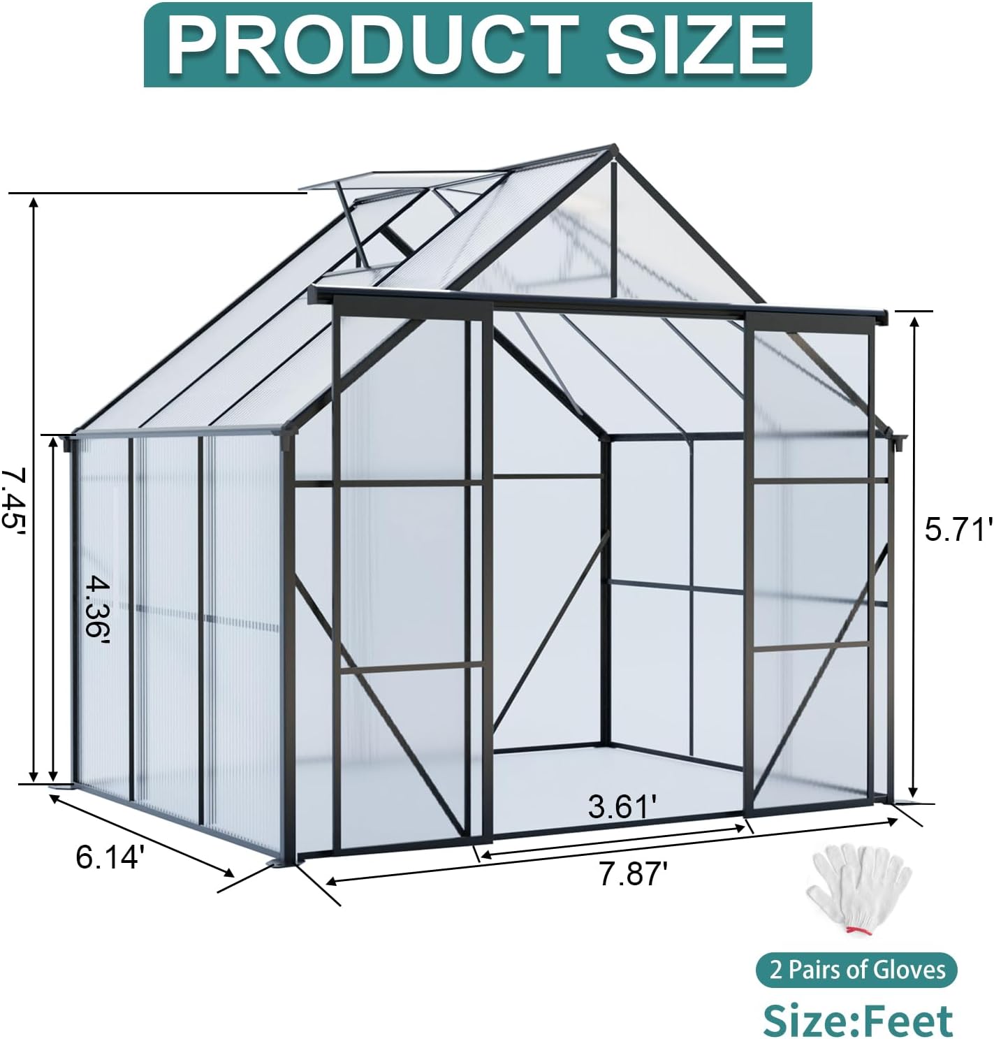 8x6 FT Polycarbonate Greenhouse, Aluminum Heavy Duty Walk-in Greenhouses Raised Base and Anchor for Outdoor Backyard in All Season (Black/Double Door)