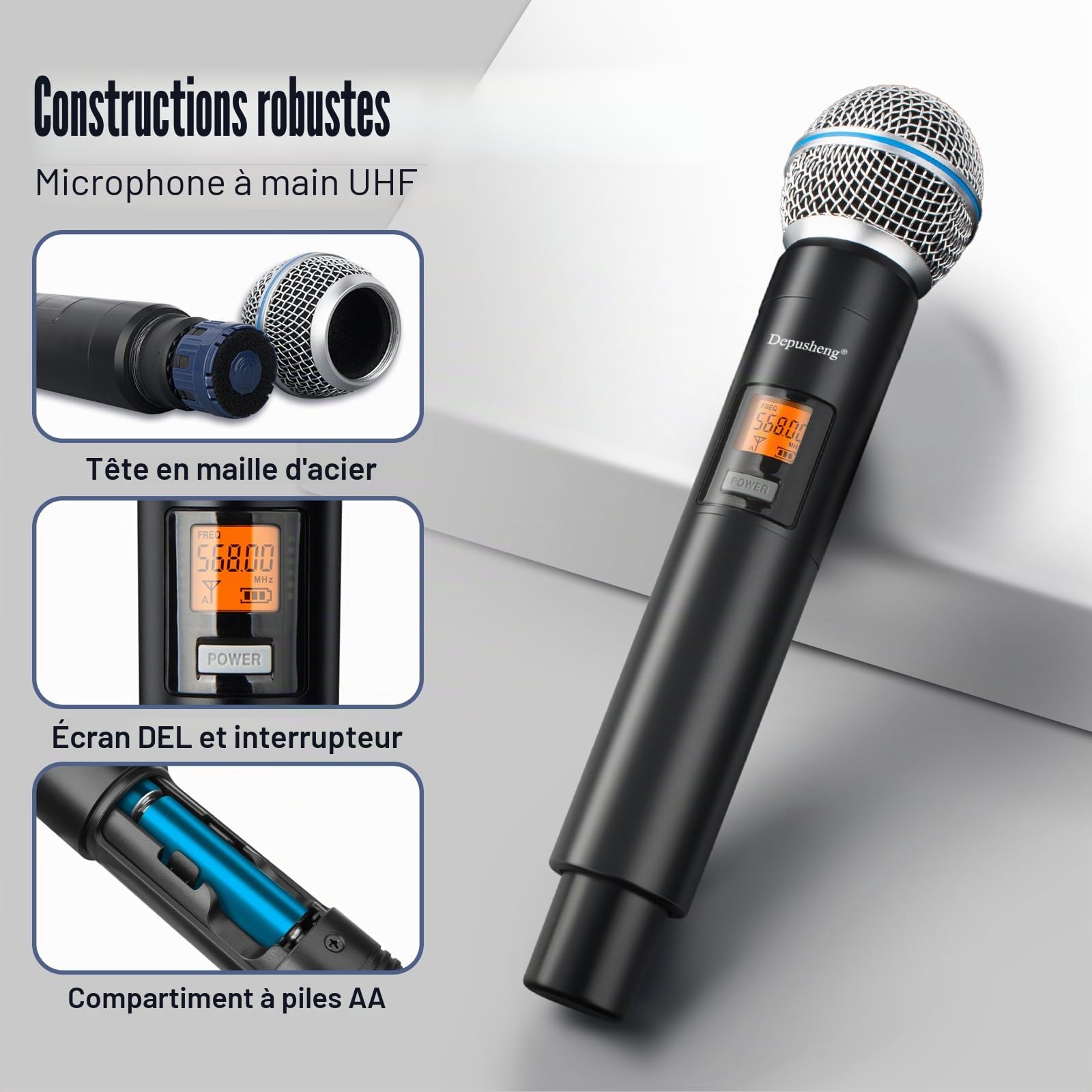 Depusheng T118 Système de microphone sans fil professionnel avec 2 microphones portatifs, portée de 80 m, micros pour la proforce, le karaoké, les fêtes, l'église, le chant