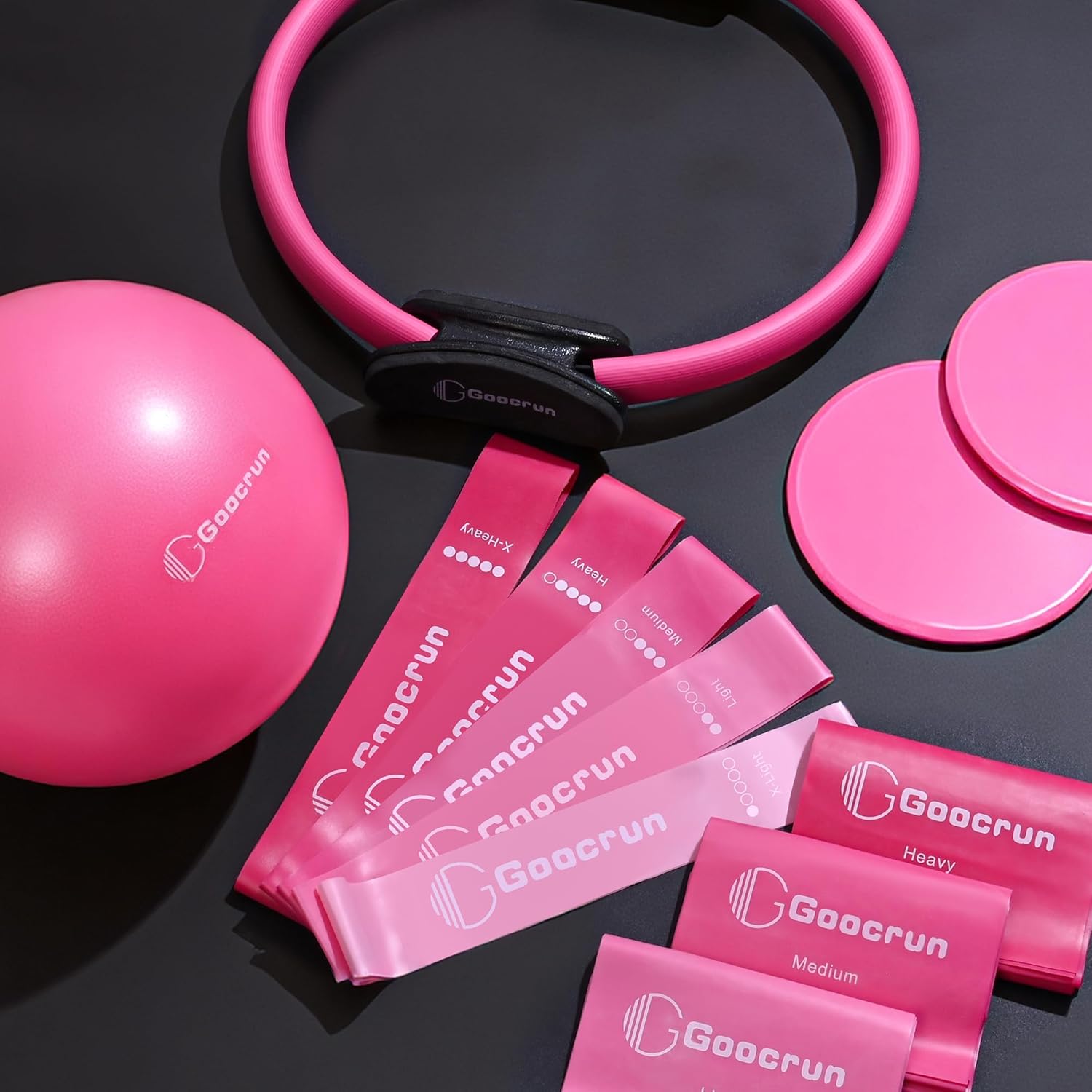 Goocrun Pilates Ring Set Exercise Equipment, with Exercise Resistance Bands Set, Pilates Ball, Sliding Disks. Portable Home Gym - with Fitness Guide Poster