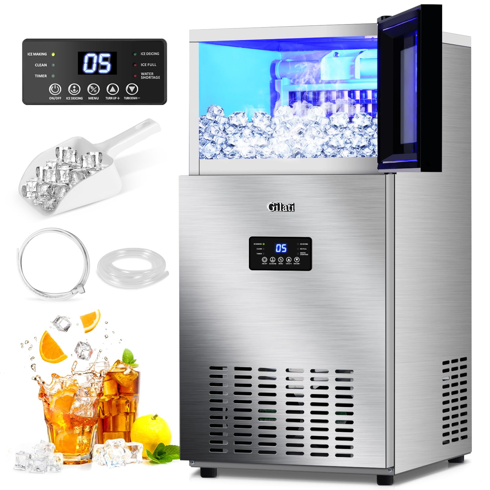 Commercial Ice Maker Machine 135LBS/24H with 35LBS Storage Bin,45 Ice Cubes Ready in 11-20 Mins Under Counter/Freestanding Stainless Steel Gravity Drainage Large Ice Machine