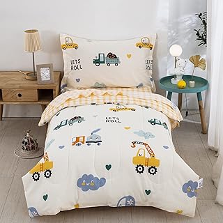 Cartoon Truck Toddler Comforter Set 4pcs Cotton Bedding Soft Reversible Bedding Set for All Season (1 Comforter,1 Flat Sheet, 1 Fitted Sheet and 1 Pillowcase)
