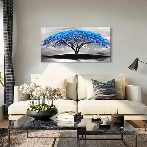 Miniatura 7 de Lienzo decorativo para pared de sala de estar, baño, decoración de pared, paisaje en blanco y negro, árbol azul, luna, pintura para colgar,