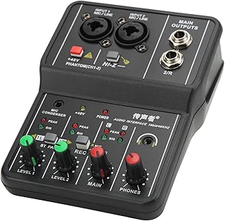 Mini Audio Mixer, USB 2 Channel Professional Sound Board Console System, 40dB Gain Range, 48V Power Mini Mixer for Live Broadcast, Karaoke and Stereo Recording
