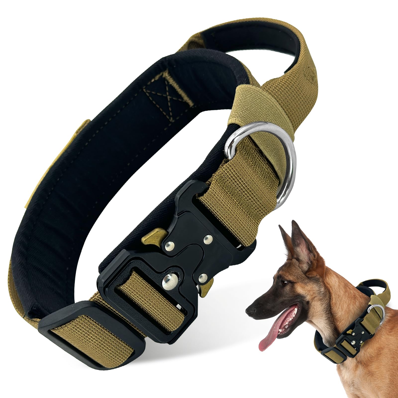 Collar Táctico para Perros, Collar Perro Ajustable con Mango de Control, Antidesgaste Collares con Hebilla de Metal, para Perros Medianos Grandes Caza Al Aire Libre Entrenamiento (Caqui, M)