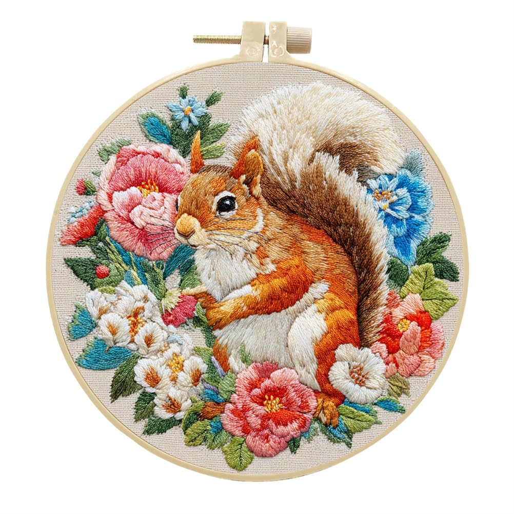Meecaa Embroidery Kit Starter Set, Squirrel Flower Animal Hand Embroidery Set, Pattern Printed Cross Stitch Set for Beginner Adults, with Embroidery Hoop and Instructions (Squirrel 1)