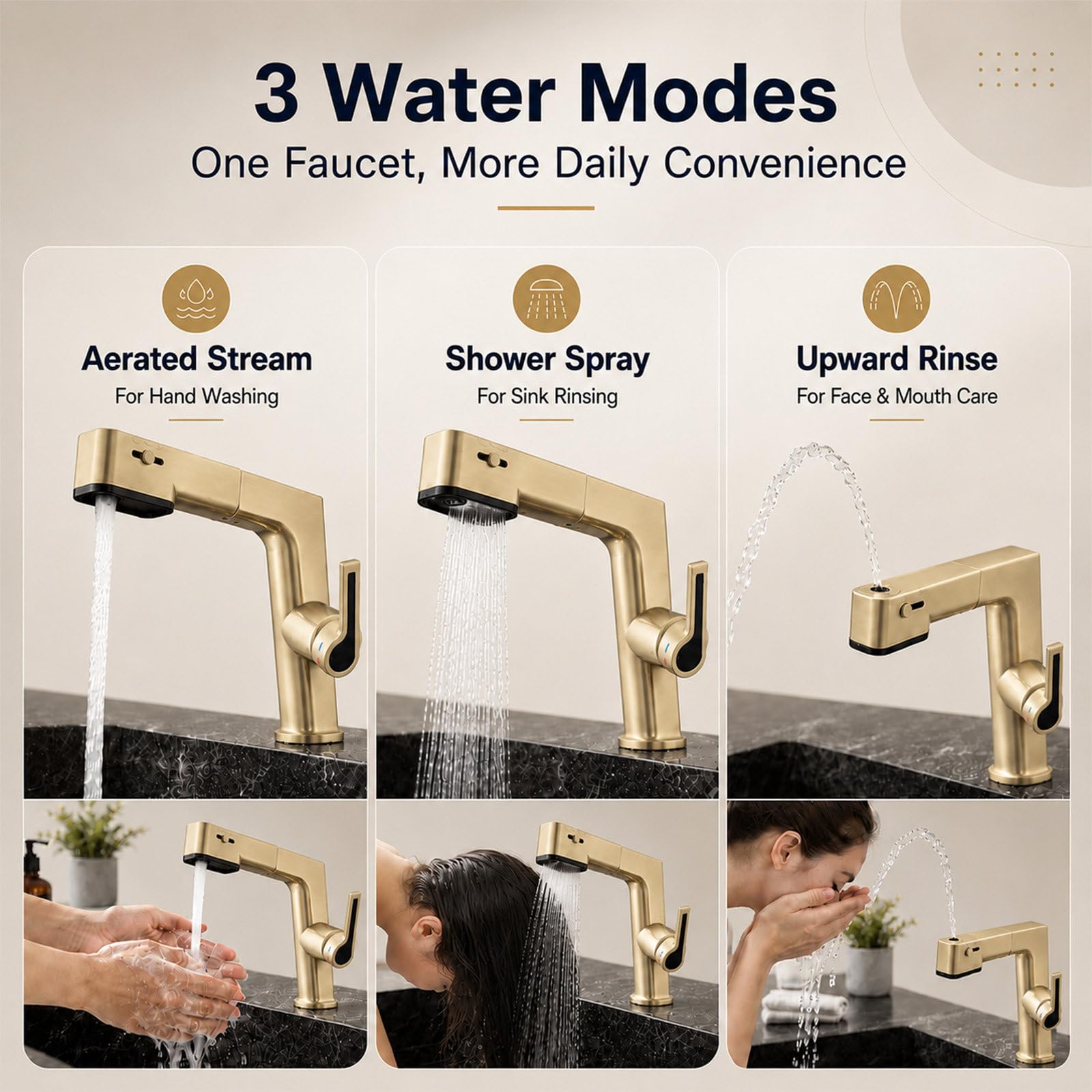 Grifo de Lavabo Extraíble para Baño, Monomando de Latón para Agua Fría y Caliente, 3 Modos de Flujo de Agua, Grifería con Caño Estirable, Incluye Mangueras de Entrada