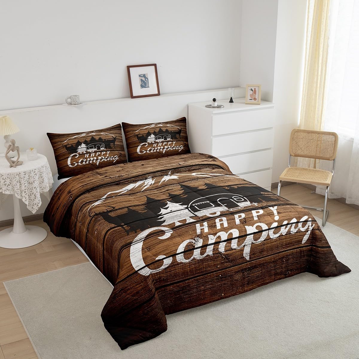 Feelyou Happy Camping Comforter Queen Size Camper Bedding Set for Boys Girls Teens Bedroom Decor Kids RV Camping Comforter Set Farmhouse Trailers Camper Duvet Set with 2 Pillow Case