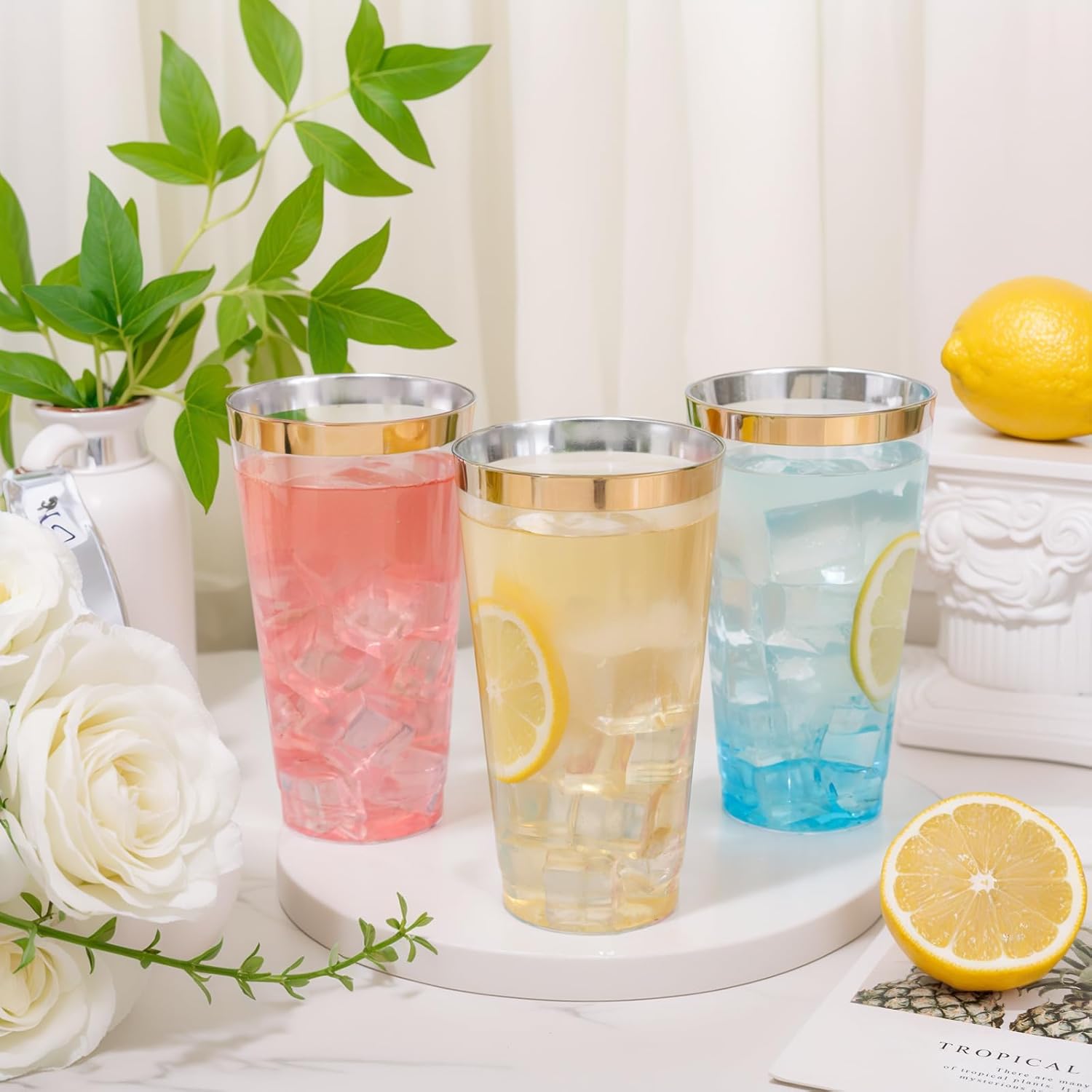 DaYammi 100 Pack Gold Plastic Cups 16 Oz Elegant Clear Plastic Cups Gold Rimmed Disposable Wine Glasses Fancy Disposable Party Cup Wedding Cup Drinking Tumblers Cocktail Glasses with Gold Rim - Image 3