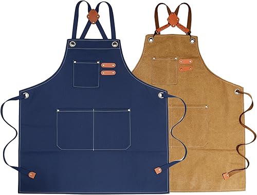 Chef Aprons with Large Pockets for Women Men, Cotton Canvas Cross Back Water Repellent Work Apron with Adjustable Straps for Size M-XXL (Blue+Brown)