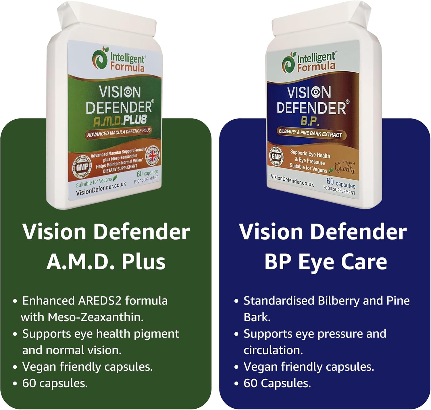 Vision Defender A.M.D. Plus & BP Eye Care Bundle – Advanced Eye Supplements with AREDS2 (Lutein, Zeaxanthin, Vitamin C & E, Copper, Zinc), Plus Meso-Zeaxanthin, Bilberry, Pine Bark. Made in UK