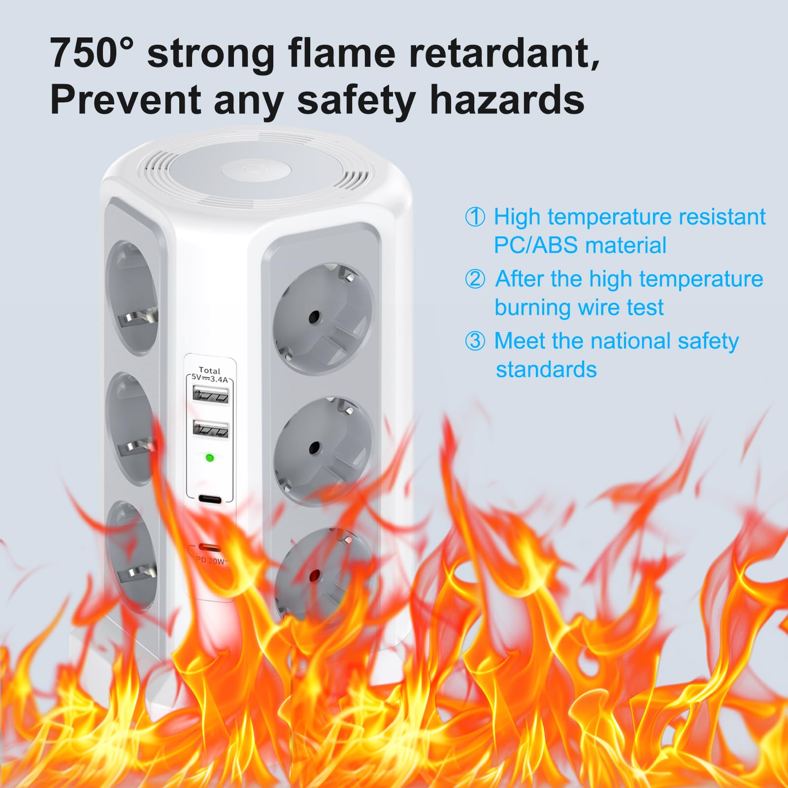 HITRENDS 12-Fach Steckdosenturm mit USB, Steckdosenturm mit 2M kable, (12Schuko+4 USB), Steckdosenleiste mit Überspannungsschutz für Küche, Büro (250V/16A,Weiß)