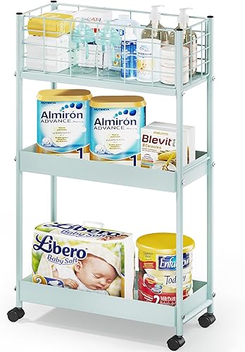 KINGRACK Carrito de almacenamiento delgado, carrito de metal de 3 niveles con ruedas, carrito de almacenamiento deslizante, carrito de