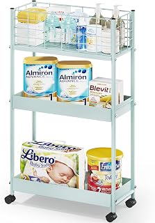 KINGRACK 3-Tier Rolling Utility Cart with Wheels, Metal Slim Storage Cart, Multifunctional Storage Organizer, Rolling Storage Cart for Kitchen, Office, Bathroom, Narrow Place, Mint Green