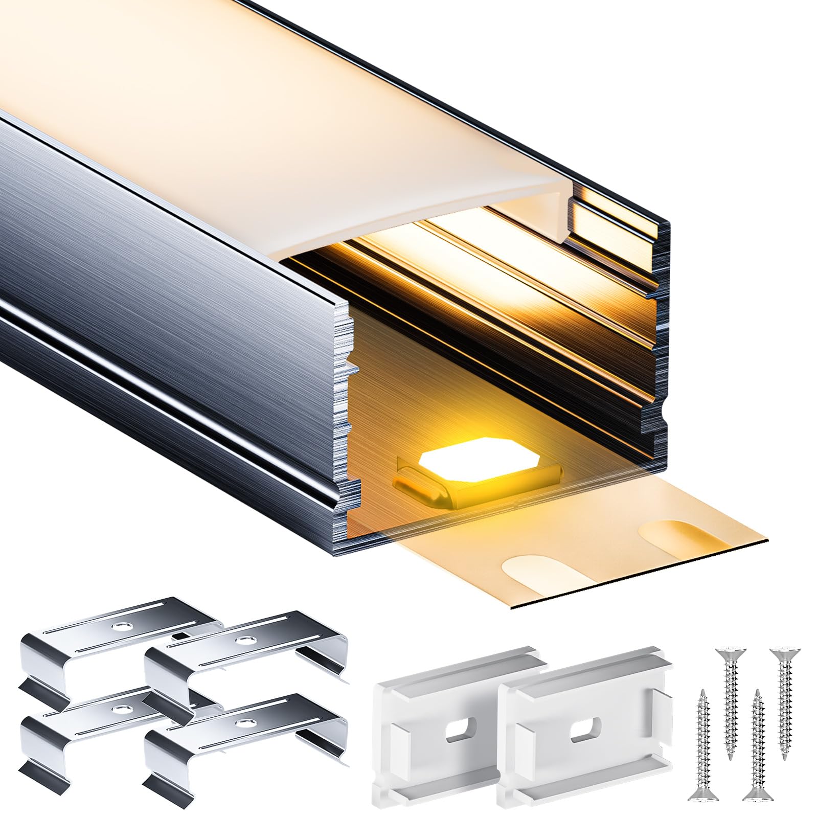 Profilé en Aluminium LED 5 x 2m(10m) pour Montage en Surface pour Bandes LED jusqu'à 25mm avec Couvercle PC Blanc Lait et Embouts pour Deux Bandes LED ou Plus