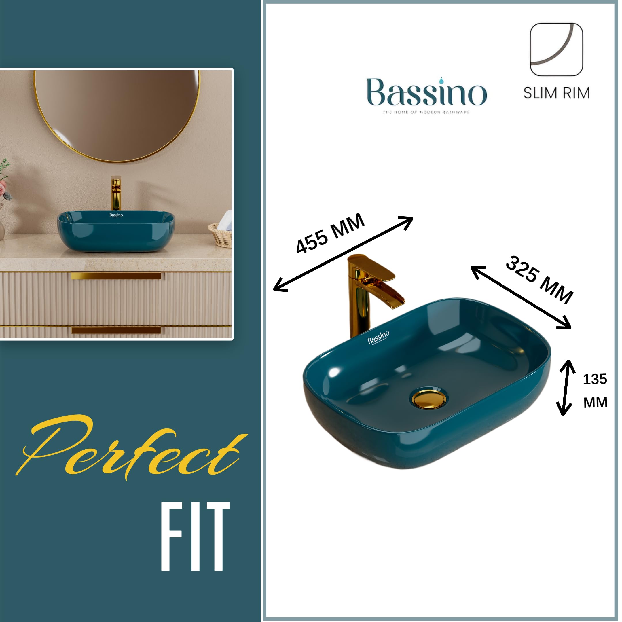BASSINO 18x13x5.5 Inches Ceramic Counter Top Wash Basin/10 Years Glazing Warranty/Teal-Blue Basin for Bathroom/Rectangular Shape Tabletop Washbasin for Restaurant/Dining Hall/Living Room(Glossy) 1