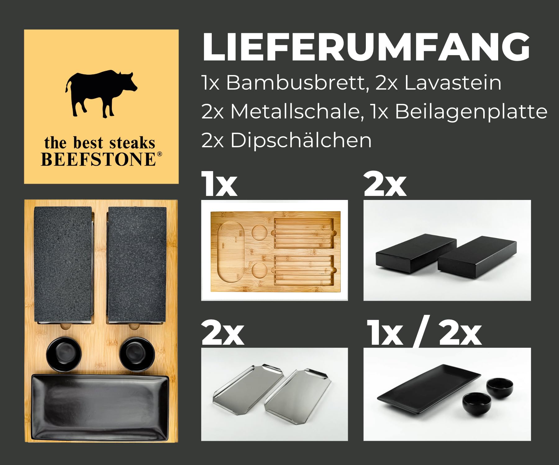 Lavastein Steak-Brett Hot Stone Steingrill Set aus Bambusbrett Lavastone und Porzellan-Platte, Fleisch, Fisch grillen auf heißem Stein (Due V2)