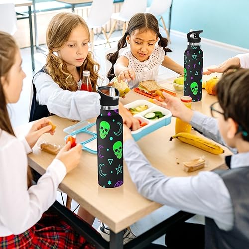 Miniatura 6 de Botella de agua para niños para la escuela, botellas de agua aisladas a prueba de fugas, 20 onzas, sin BPA, cráneos verdes neón