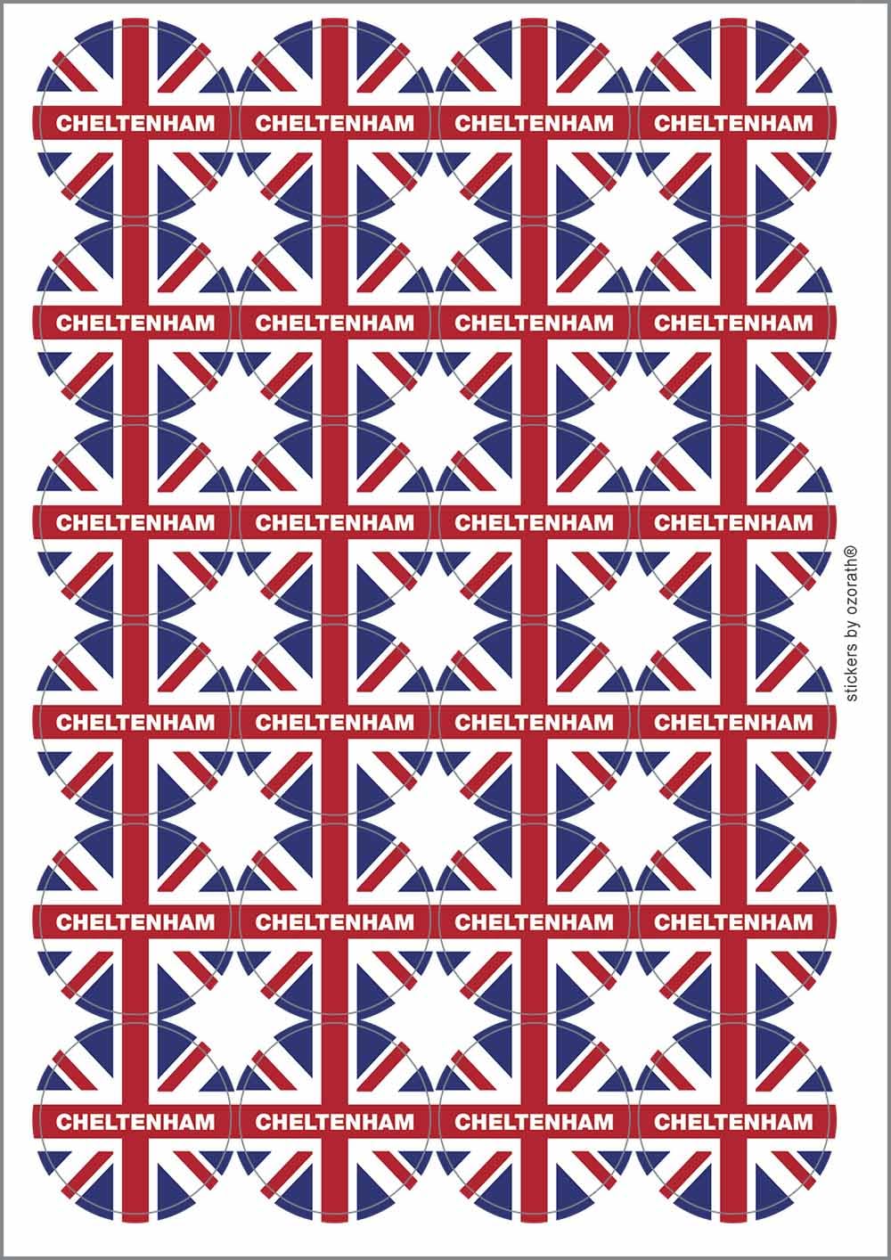 Cheltenham Union Jack Circular Matt Paper Stickers A4 Sheet of 24 (Each Sticker is 45mm Diameter)