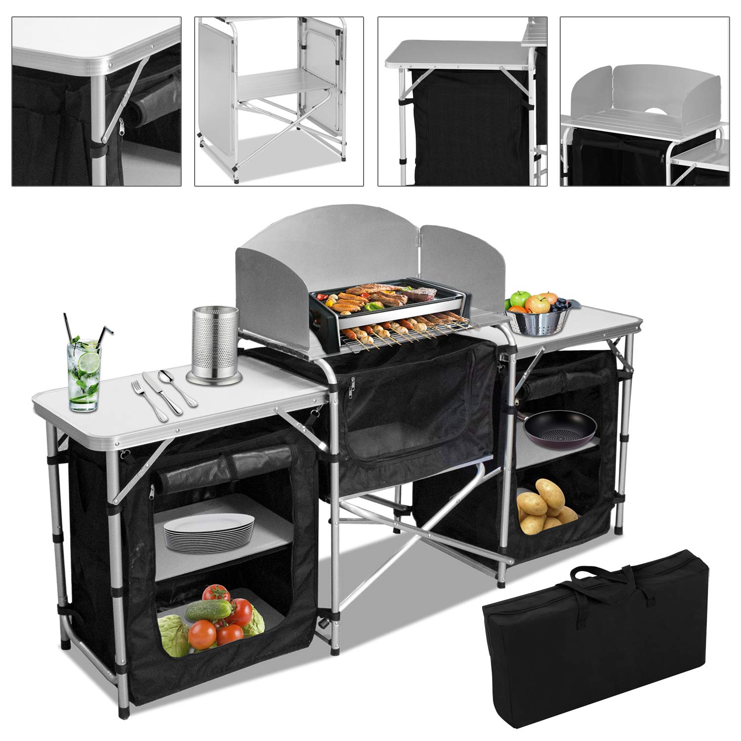 Campingküche Outdoor mit Alu-Gestell - Schnell aufbaubarer Faltschrank 600D - Inkl. Campingmöbel für Outdoor-Küche - Verschiedene Größen/Farben wählbar - Ideal für Camping & Outdoor-Aktivitäten