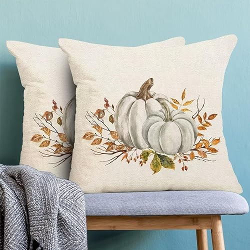 Miniatura 4 de Juego de 2 fundas de almohada de otoño de 18 x 18 pulgadas, calabazas blancas y grises, flores naranjas, fundas de almohada de cosecha de Acción de