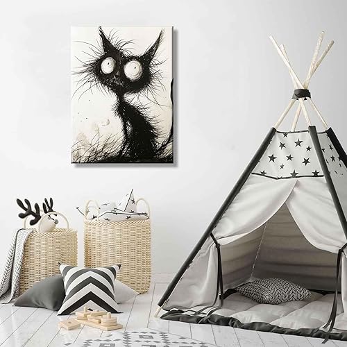 Miniatura 6 de Divertido lienzo de gato negro, arte de pared, gótico, espeluznante, felino, pintura, imágenes de Halloween, espeluznante arte en blanco y negro,