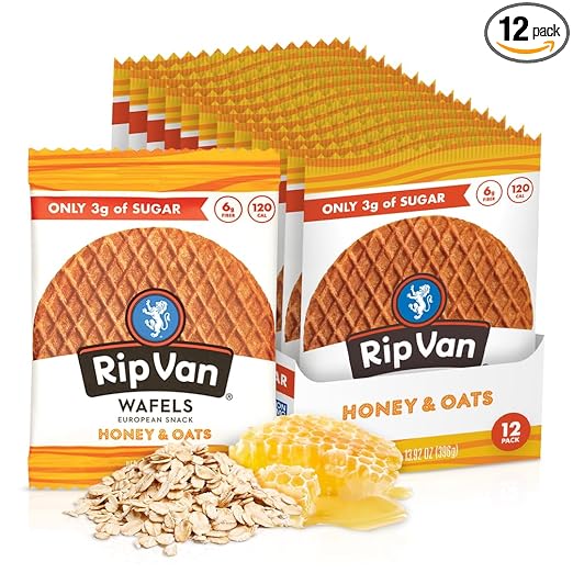 Rip Van Wafels Honey and Oats Stroopwafels, Healthy Snacks, Non-GMO, Keto Friendly, Office Snacks, Low Sugar (3g), Low Calorie, 12 Pack