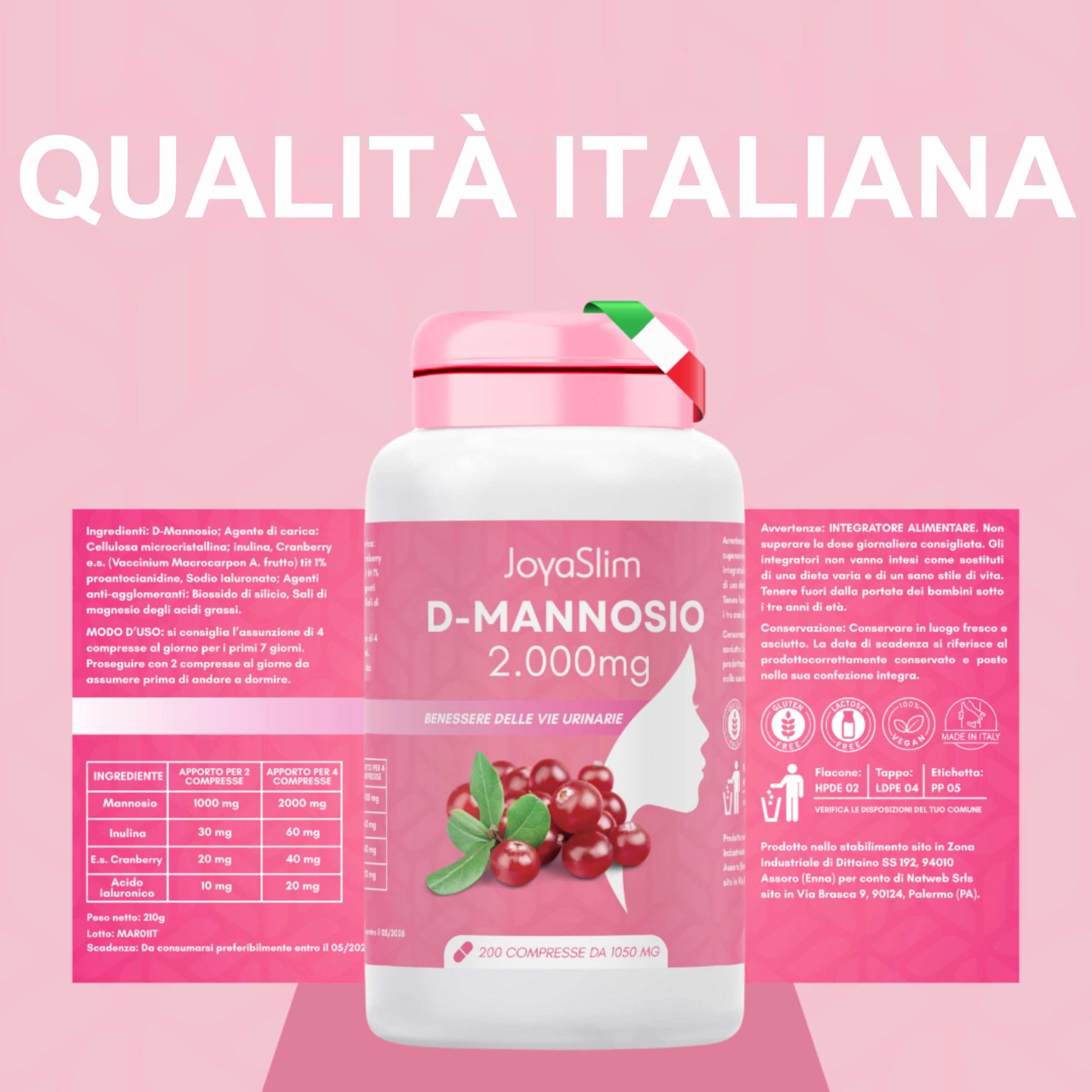 D Mannosio Puro 2000mg. JoyaSlim® Integratore Cistite e Candida. Con Acido Ialuronico, Mirtillo Rosso e Inulina. 200 Compresse (Fornitura 3 Mesi) Supporto Naturale Vie Urinarie Donna e Uomo