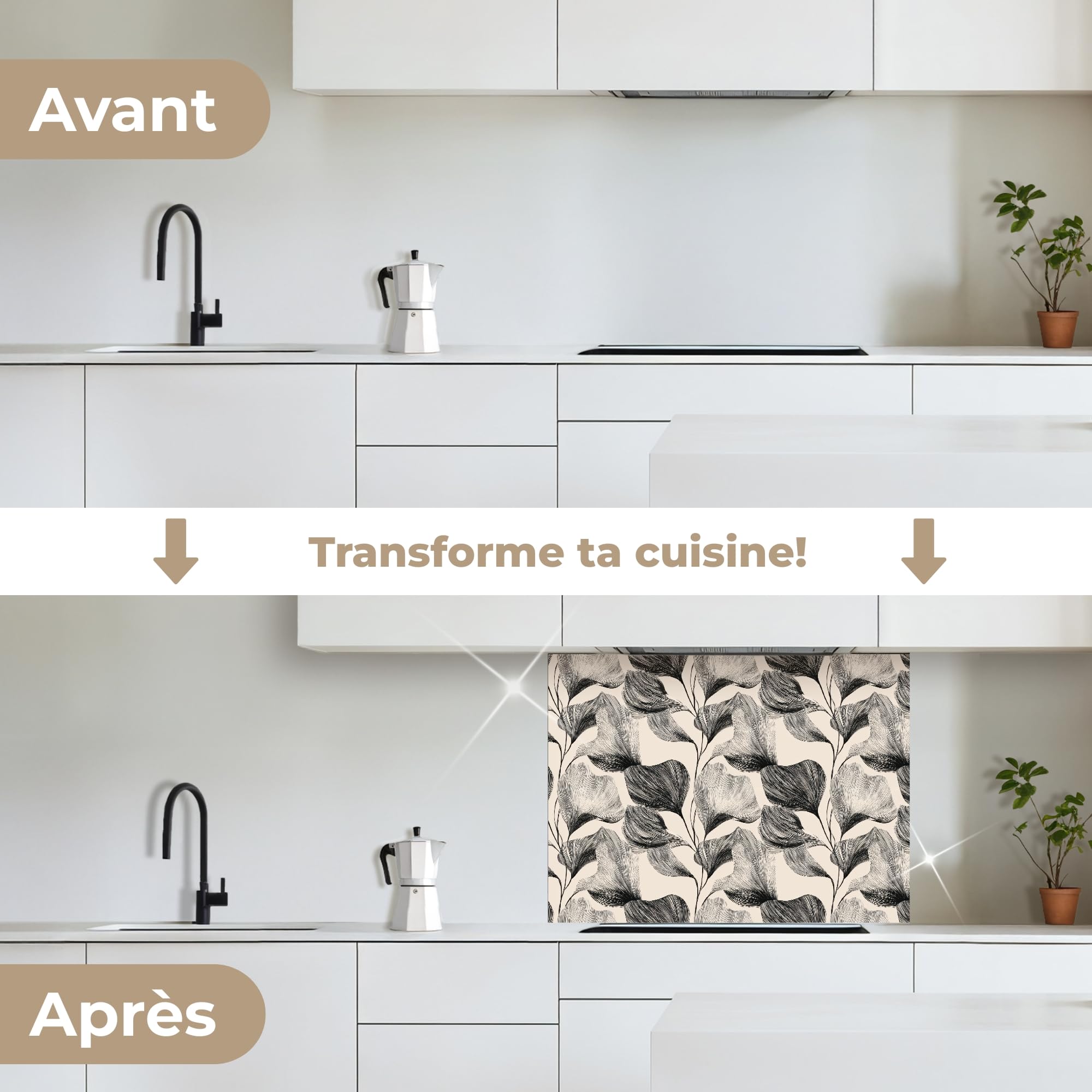KitchenYeah© Antisalpicaduras Cocina 60x80 cm Adhesivo Salpicadero Protector Pared Salpicaduras Revestimiento Botánico - Hojas - Negro
