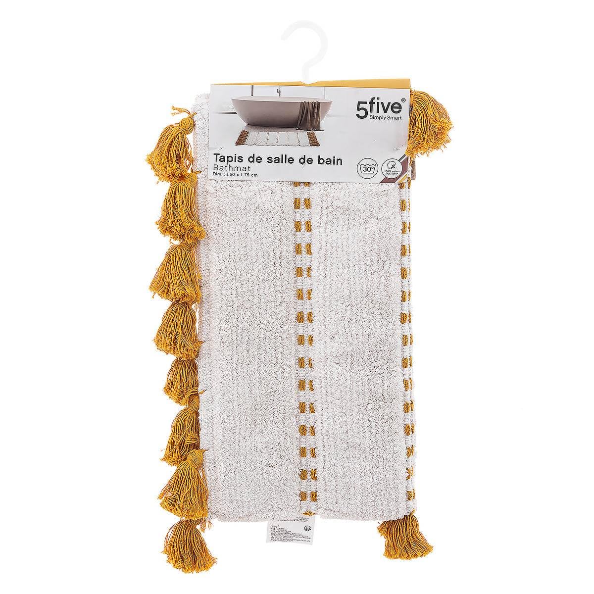 Five - Tappeto da bagno in cotone con pompon Ocra 50 x 75 cm