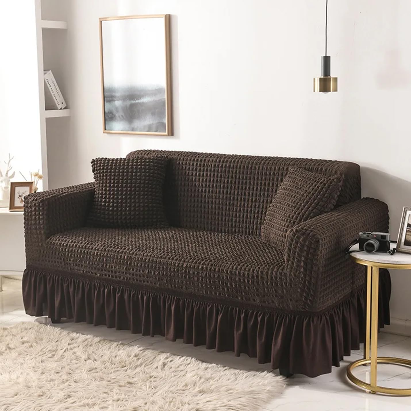 Lukzer 320 GSM Stretchable 3 Seater Turkish Sofa Cover Universal Couch Protector Bubble Fabric with Frill Universal Big Elasticity Slipcover (Coffee Brown/SC-097-03/210-260cm)-image-38