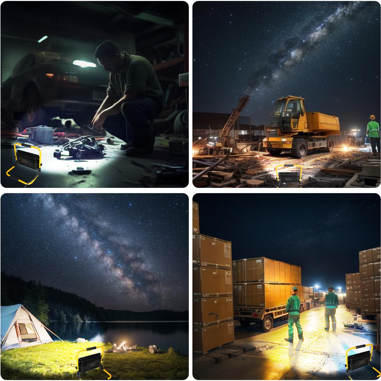 Faretto LED da Cantiere 200W, 20000lm Faro LED da Cantiere Portatile Luce Bianca 6500K IP66 Impermeabile Cavo 4M, Rotazione 360°con Staffa Pieghevole, Faretto Lavoro per Edilizia,Officina