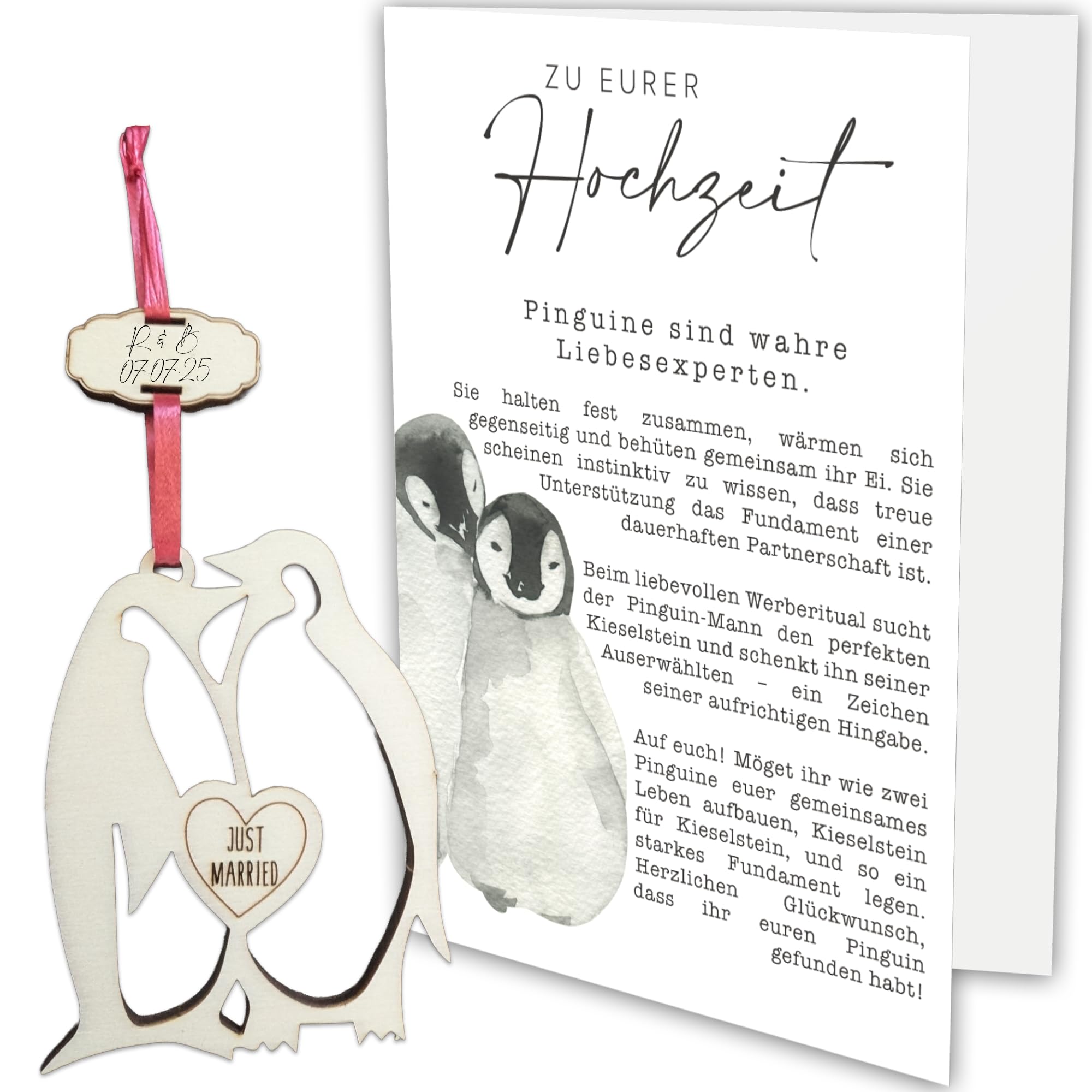 Hochzeitskarte mit hölzernem Pinguin als Andenken - großes A5-Format Karte Hochzeit (Hochzeitskarte)
