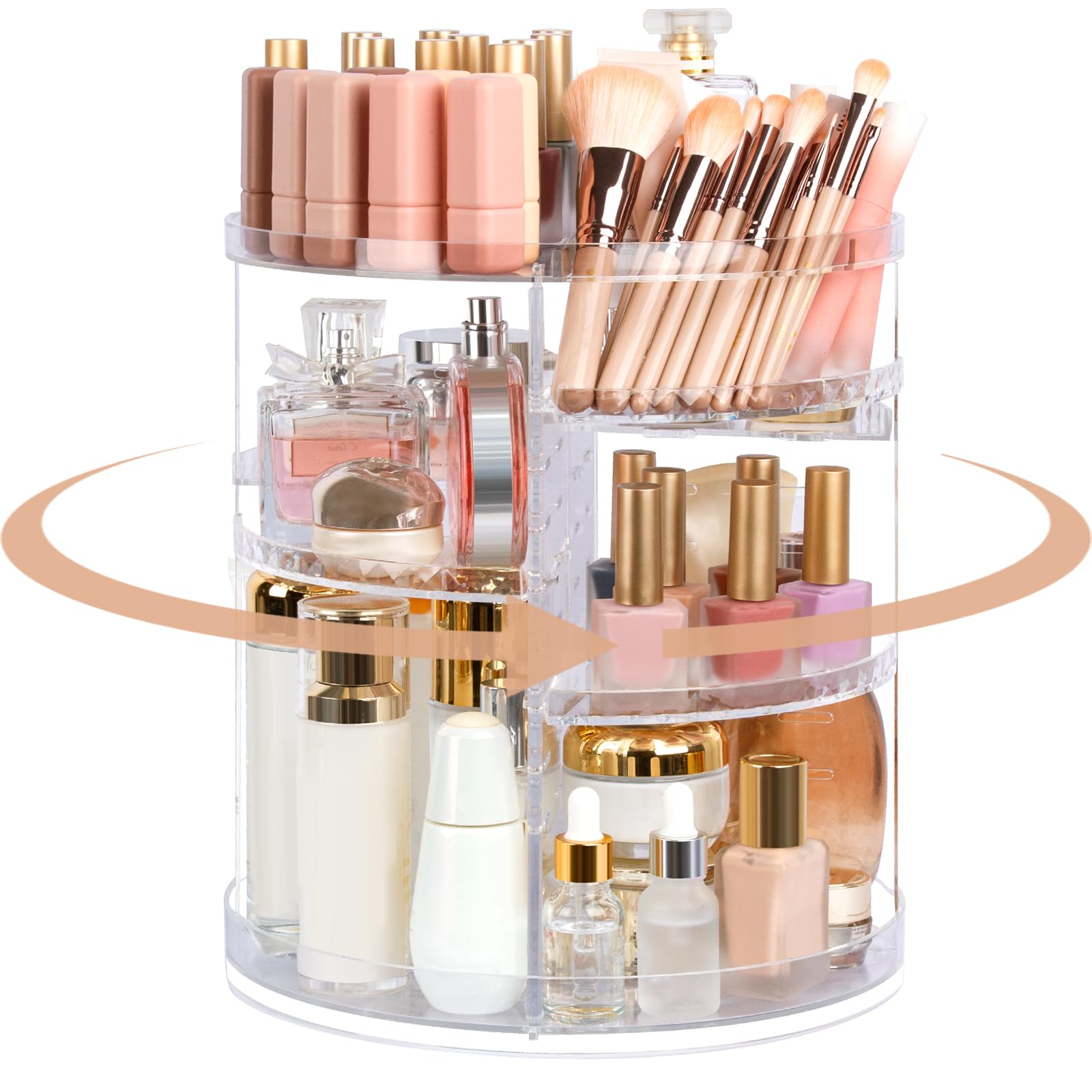 Boxalls Makeup Organizer Rotating Large Capacity, 360 Makeup Carousel with Brush Compartment, Clear Skincare Cosmetic Spinning Organizer with 7 Layers for Countertop Vanity Bathroom Bedroom