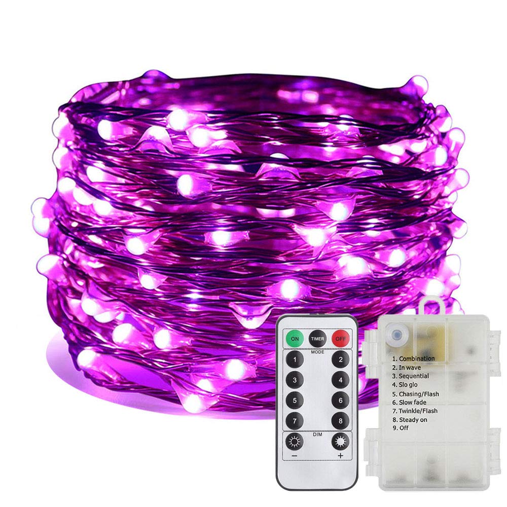 ER CHEN Battery Operated Fairy Lights, Waterproof 8 Modes 100 LED String Lights 33 ft Copper Wire le Firefly Lights with Remote Timer for Indoor Outdoor Decor (Purple)