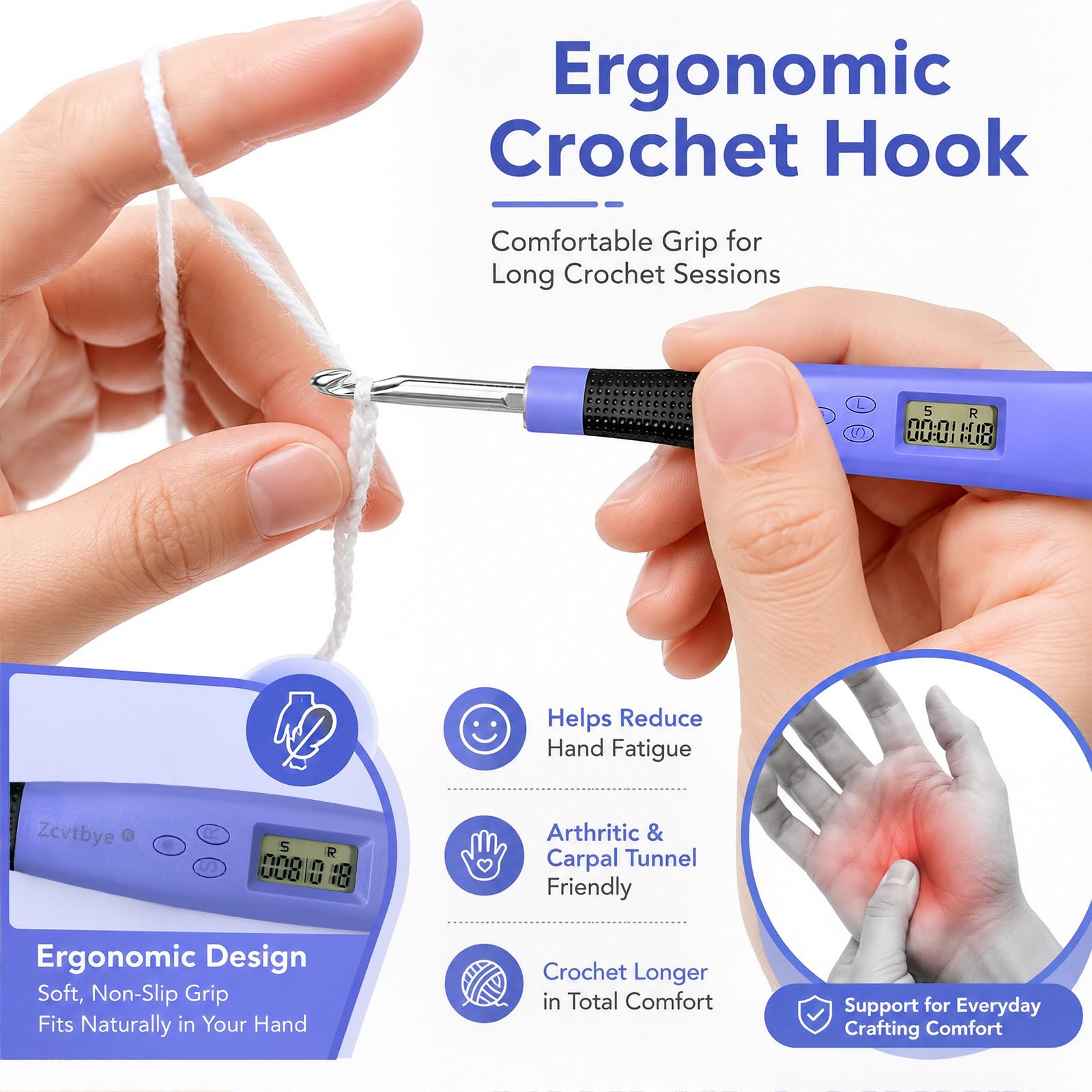 Beleuchtetes Digitale Häkelnadel Set 24 Größen Für Anfänger,2mm-14mm,Blau | Häkelnadeln Set Austauschbar,Stich- und Reihenzähler Stricken,Ergonomische Beleuchtete Häkelnadeln2.5,3.5,4,6,8