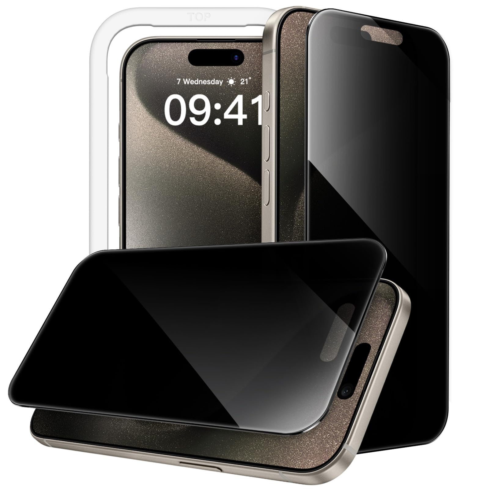JETech Protector Pantalla Privacidad 360° para iPhone 15 Pro Max | Protección Antiespía 4 Vías, Cristal Vidrio Templado, Marco de Instalación Fácil, 2 Unidades
