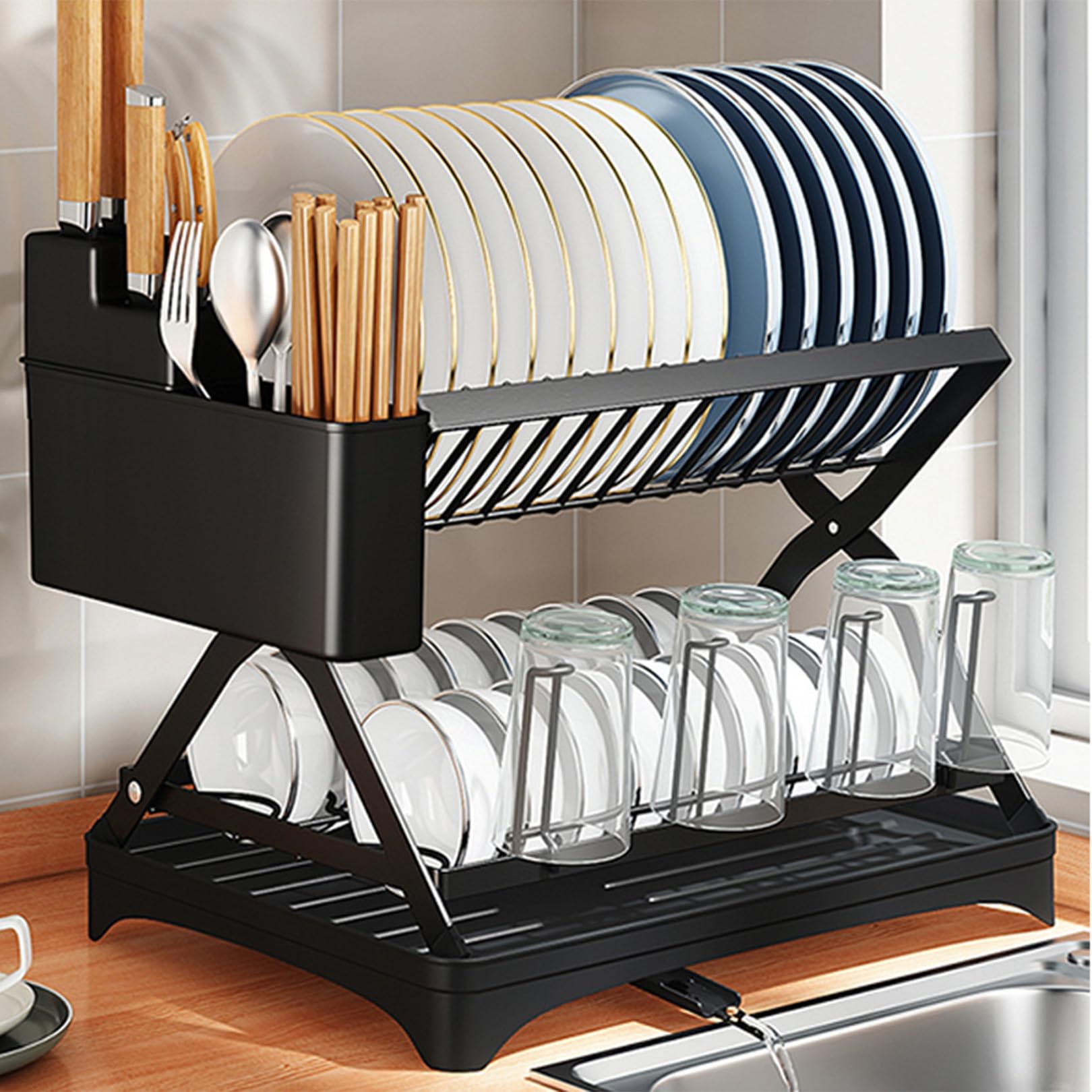 SaryEdge 2-Tier Stainless Steel Dish Rack with Drip Tray & Utensil Holder - Efficient Kitchen Drying Rack for Space-Saving Dish Storage and Optimal Drainage Solutions,