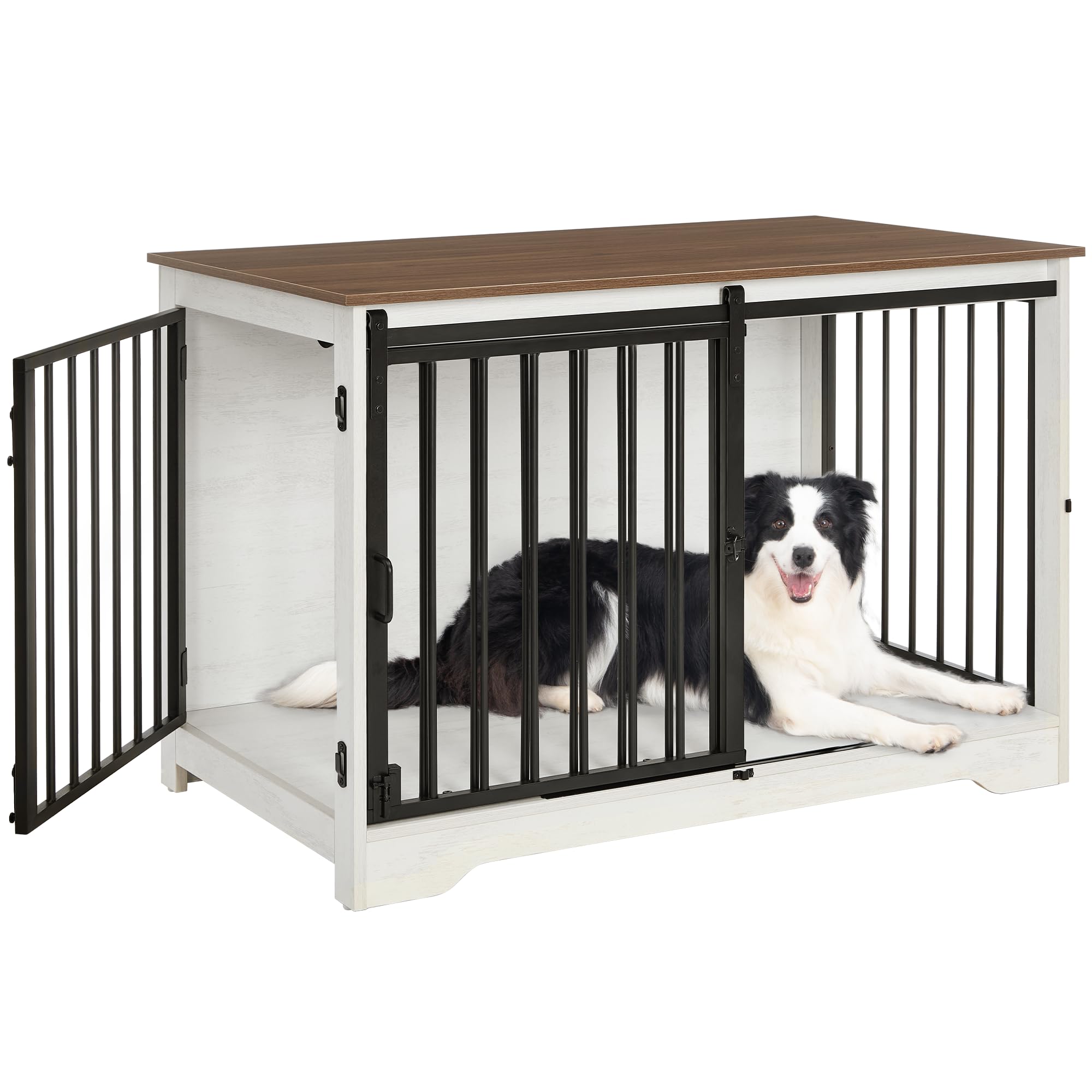 Hzuaneri 100cm Gabbia per Cani, Tavolo Supplemento, Nicchia Moderna per Cani, Gabbia per Cuccioli, Casetta per Animali, 2 porte, 60 x 100 x 68 cm, Bianco e Marrone DFC02314B