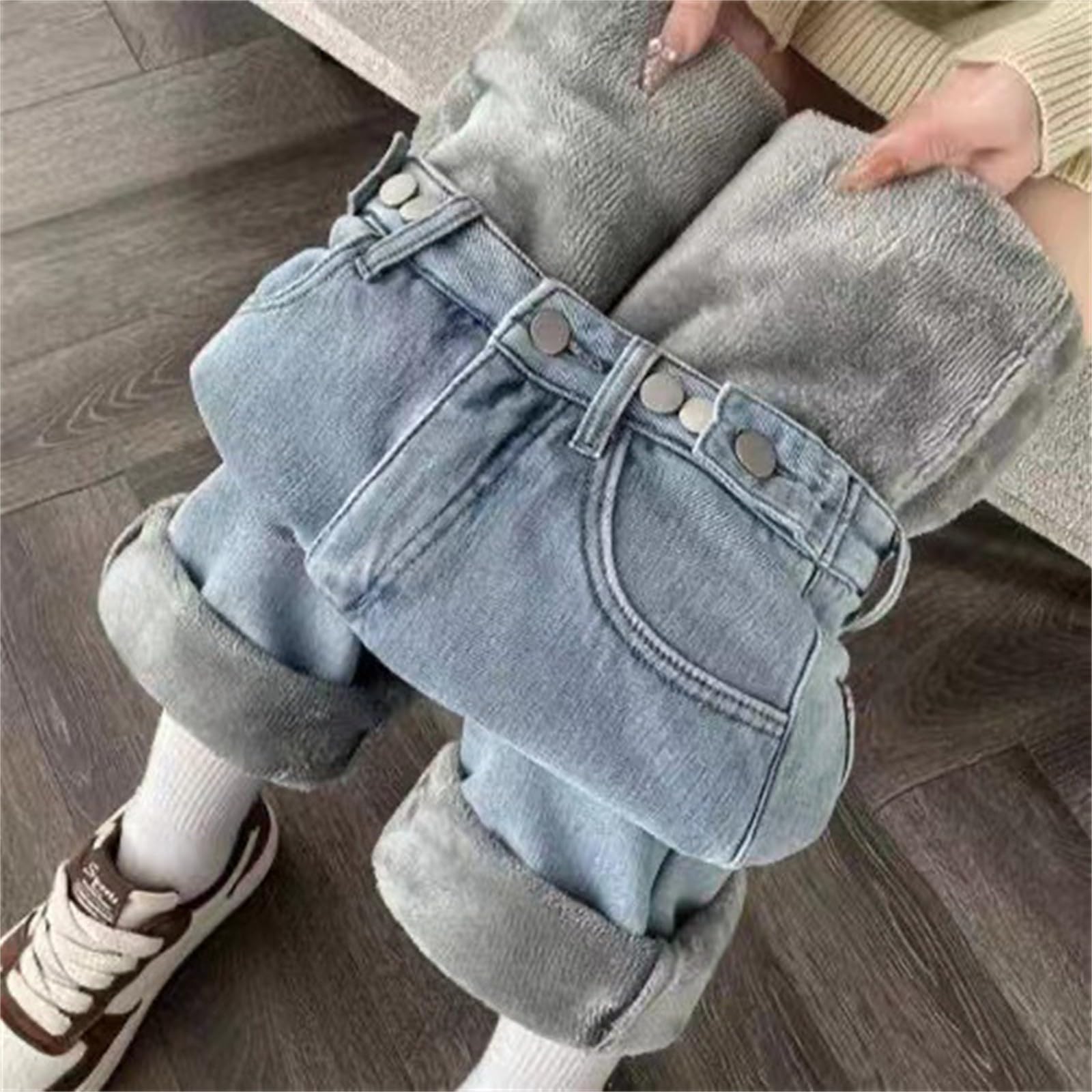 Pantalones vaqueros térmicos para mujer, forro polar, cintura alta, pantalones largos rectos, pantalones cálidos y cálidos, tallas grandes, para otoño e invierno, pantalones de chándal anchos y