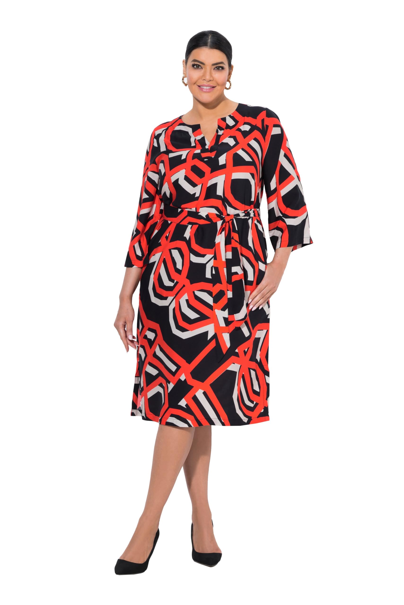 Ulla Popken Damen große Größen Übergrößen Plus Size Kleid, grafischer Druck, Tunika-Ausschnitt, 3/4-Arm 842623