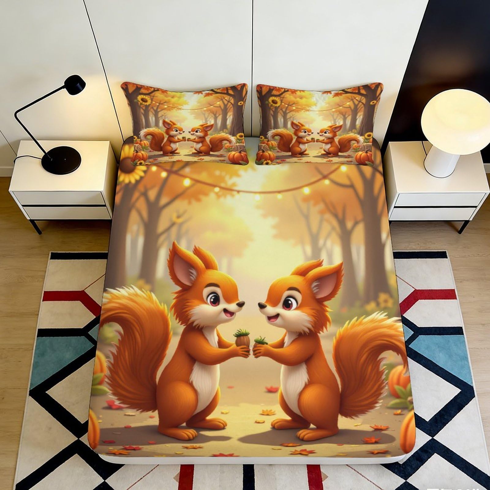 3D Printed Autumn Squirrels Fitted Sheet Microfiber Soft Breathable Forest Path Bed Cover for Bedroom Dormitory Guest Room Mattress Protection Decor 160x200x25cm