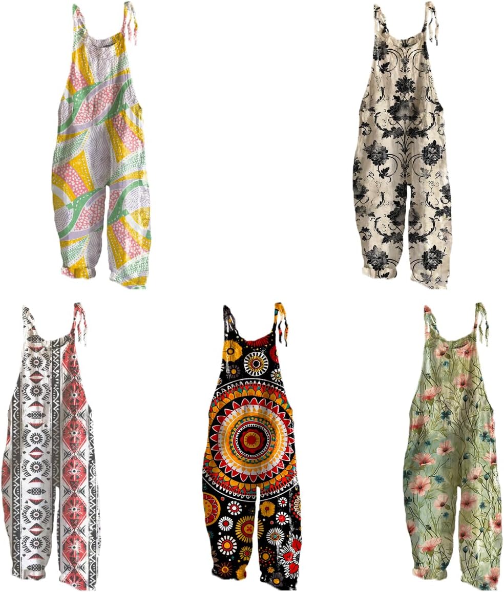 Jumpsuits for Women Casual Hippie Floral Printed Plus Size Casual Rompers Sleeveless Strappy Wide Leg Jumpsuits