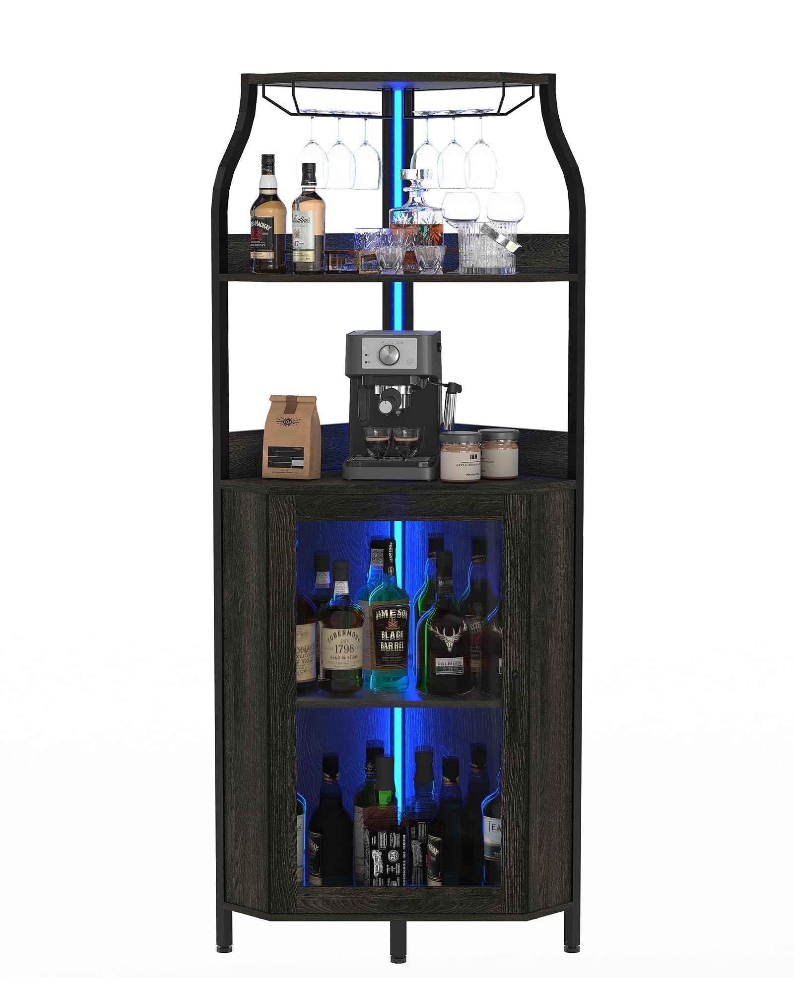 Mobile bar moderno in MDF curvato con 4 ripiani, porta in vetro, vetrina vini indipendente con luci LED, portabottiglie e scaffale vino per casa - Colore DE Black
