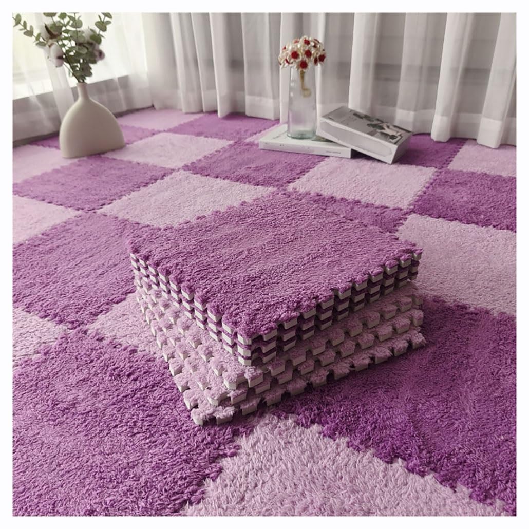 Miękkie puszyste dywaniki, puzzle, piankowe płytki, pluszowy dywan do sypialni, łatwy do czyszczenia, puszysty dywanik podłogowy do pokoju zabaw dla dzieci, jasny i ciemnofioletowy, idealny do