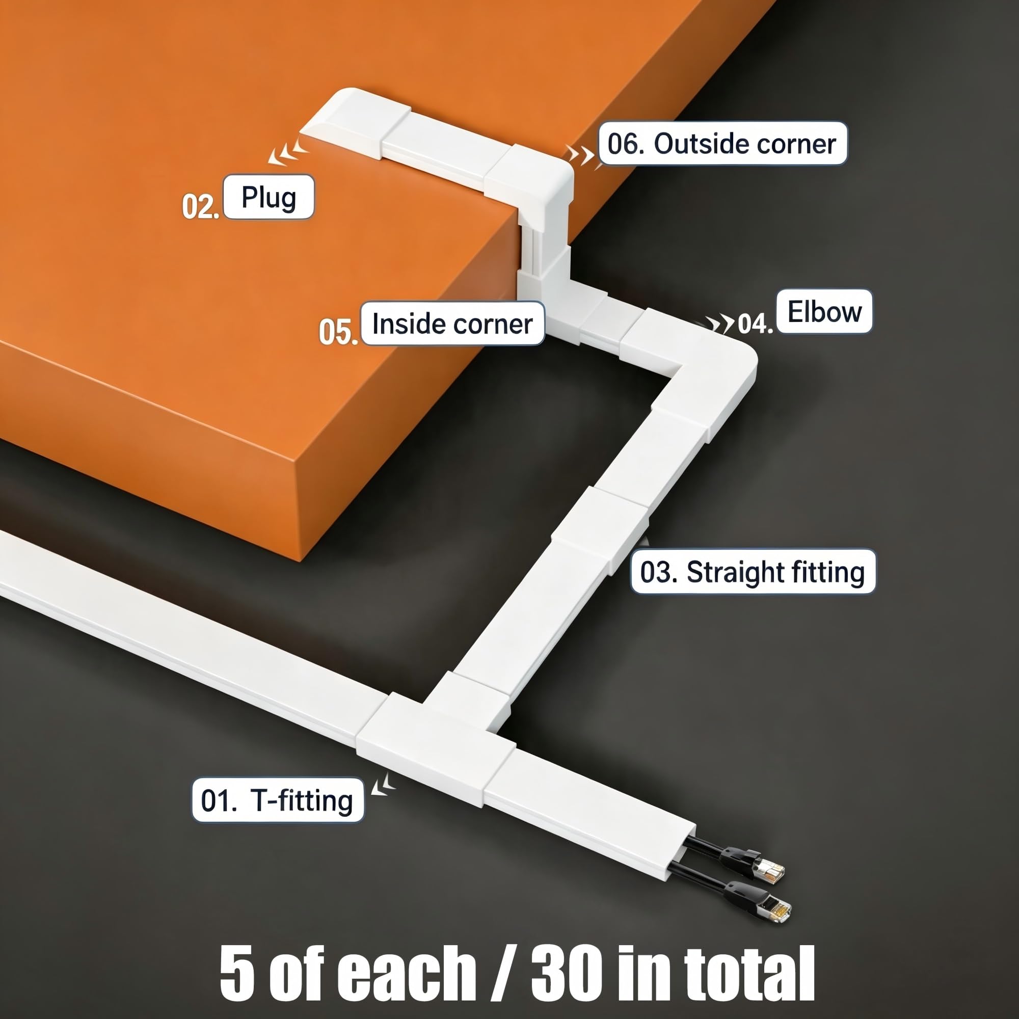 Kit per nascondere i cavi, 5 metri, per nascondere cavi, organizer per cavi verniciabile, 3 x 1,5 cm, ideale per uso domestico e ufficio
