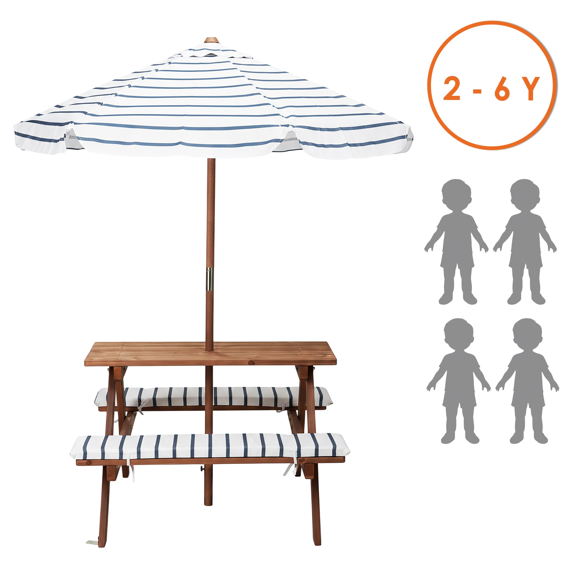Spetebo Mesa de picnic de madera a partir de 2 años con sombrilla y acolchado, 75 x 75 cm, juego de sillas de jardín para niños, soporta hasta 80 kg, de madera, muebles de jardín para niños
