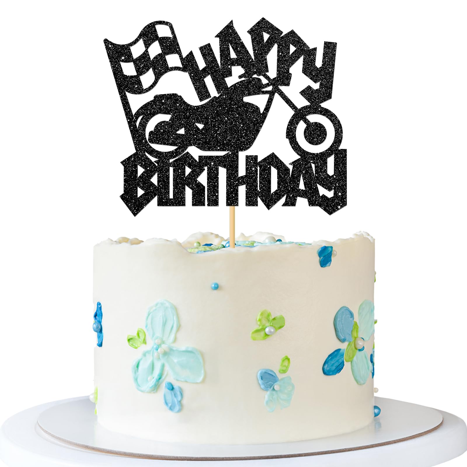 Motorcycle Happy Birthday Cake Topper - Dirt Bike Party Cake Supplies - Motorbike Let's Party - Sport Party Decorations - Black Glitter